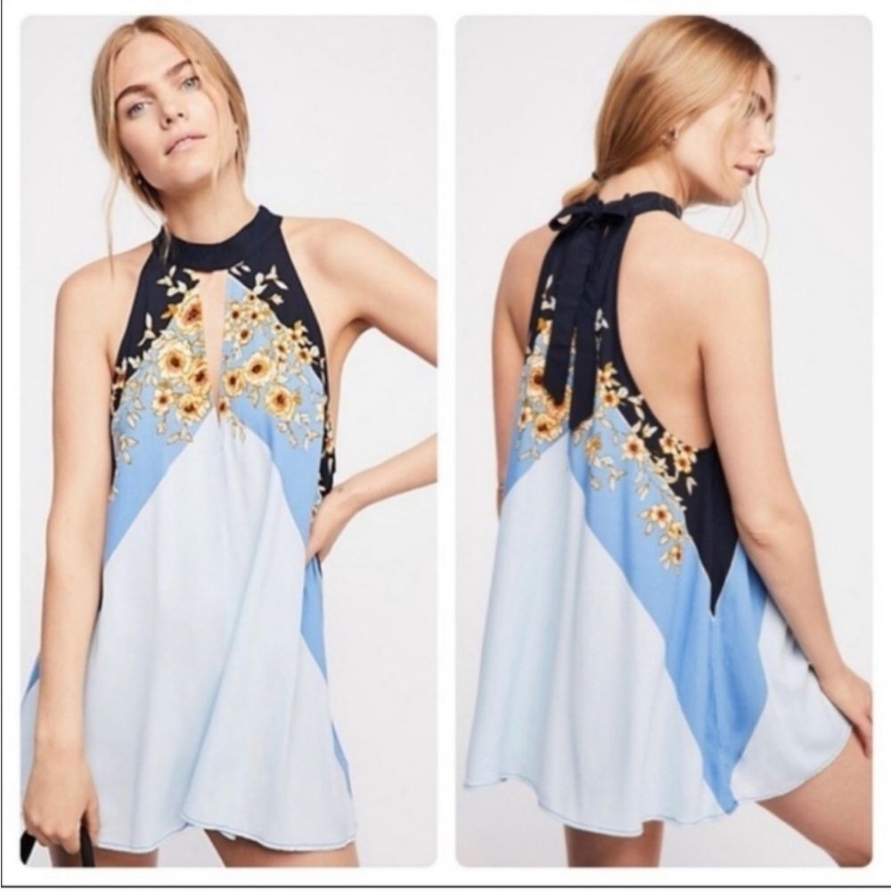 Free People Beat Of My Heart Tunic Dress Relaxed Blue Boho Size Small NWT